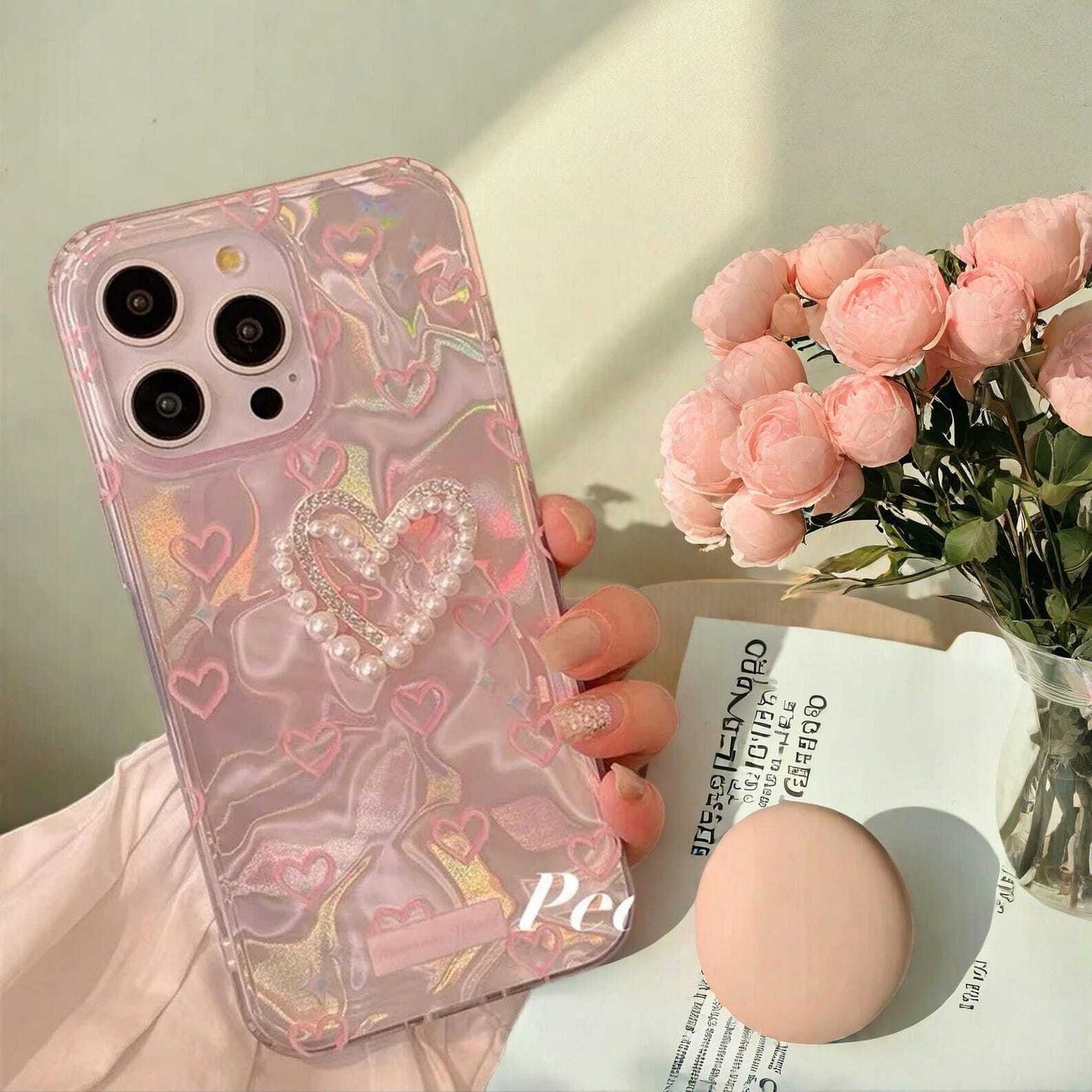 Romantic Pink Heart Butterfly Lustre Lining Hard Case for iPhone 16 Plus 15 Pro 14 Pro Max 13 12 11 - Stylish Protective Phone Cover W2B