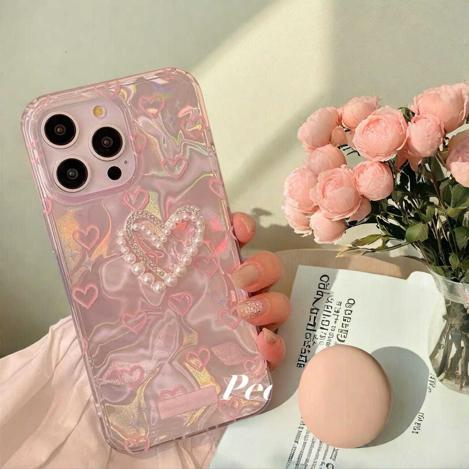 Romantic Pink Heart Butterfly Lustre Lining Hard Case for iPhone 16 Plus 15 Pro 14 Pro Max 13 12 11 - Stylish Protective Phone Cover W2B