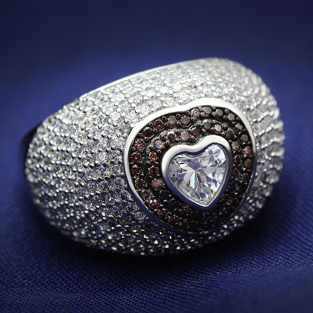 TS022 - Rhodium + Ruthenium 925 Sterling Silver Ring with AAA Grade CZ  in Brown-0