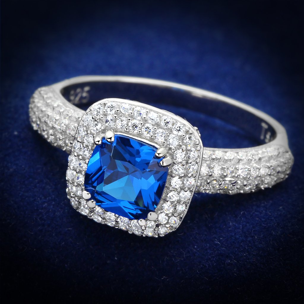 TS137 - Rhodium 925 Sterling Silver Ring with Synthetic Spinel in London Blue-0