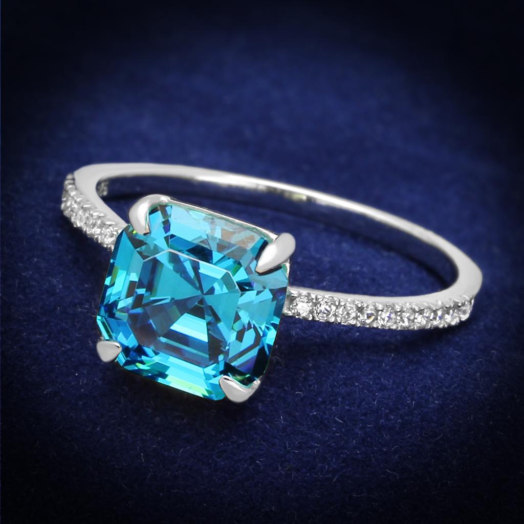 TS178 - Rhodium 925 Sterling Silver Ring with Cubic  in Sea Blue-0