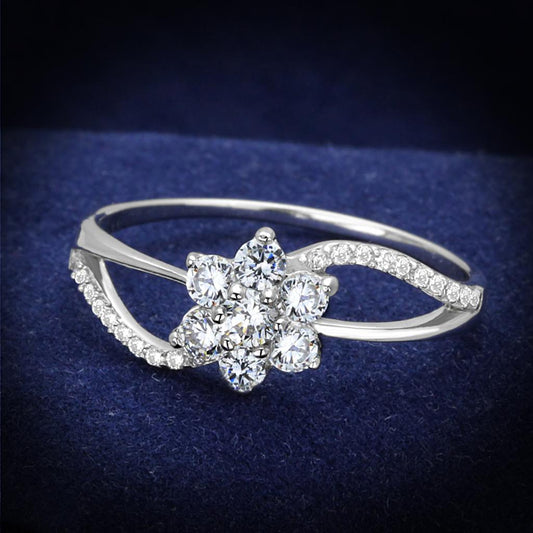 TS182 - Rhodium 925 Sterling Silver Ring with AAA Grade CZ  in Clear-0