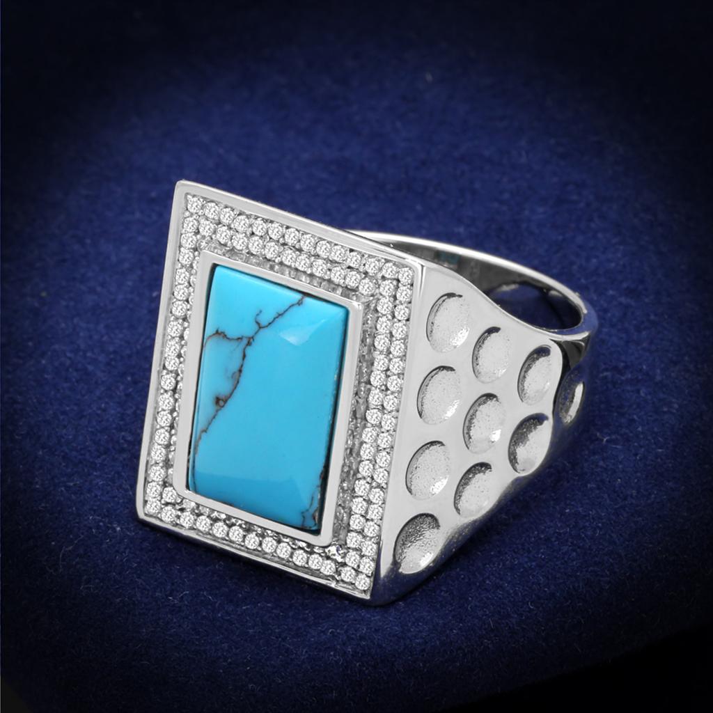 TS228 - Rhodium 925 Sterling Silver Ring with Synthetic Turquoise in Sea Blue Alamode