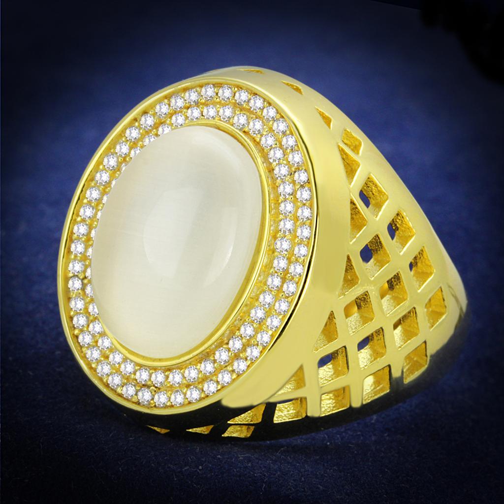 TS244 - Gold 925 Sterling Silver Ring with Synthetic Cat Eye in White Alamode