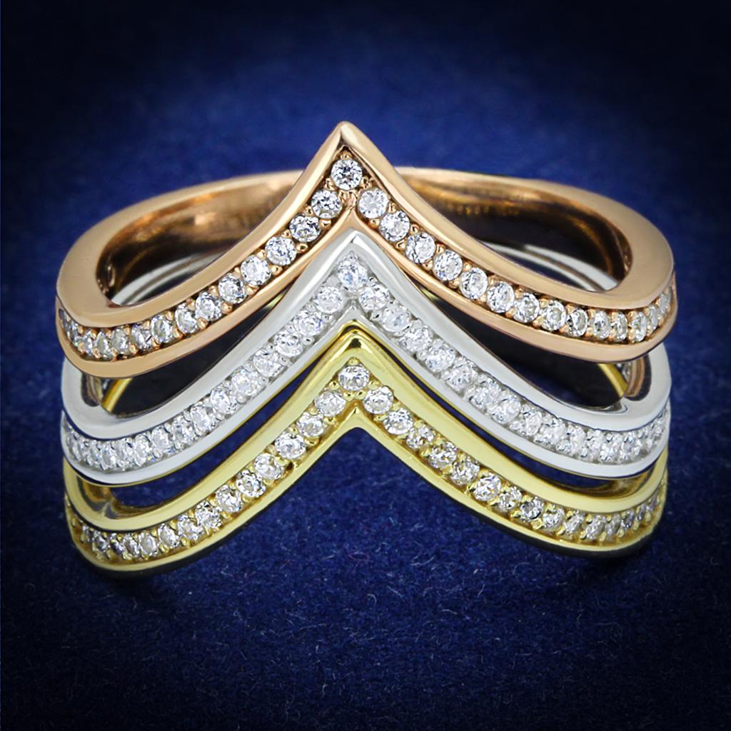 TS416 - Rhodium + Gold + Rose Gold 925 Sterling Silver Ring with AAA Grade CZ  in Clear Alamode