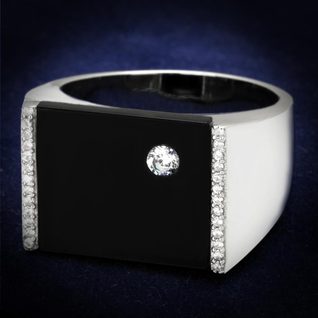TS459 - Rhodium 925 Sterling Silver Ring with Synthetic Onyx in Jet Alamode