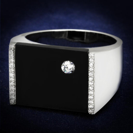 TS459 - Rhodium 925 Sterling Silver Ring with Synthetic Onyx in Jet Alamode