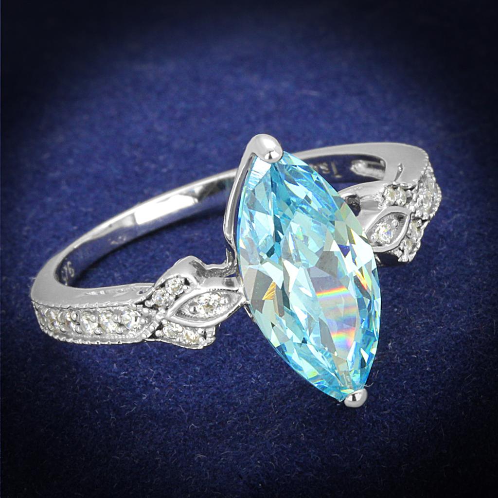 TS502 - Rhodium 925 Sterling Silver Ring with AAA Grade CZ  in Sea Blue Alamode