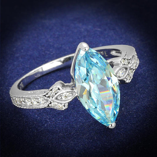 TS502 - Rhodium 925 Sterling Silver Ring with AAA Grade CZ  in Sea Blue Alamode