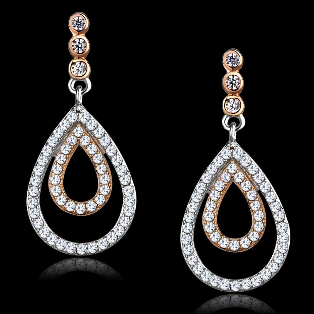 TS548 - Rose Gold + Rhodium 925 Sterling Silver Earrings with AAA Grade CZ  in Clear Alamode