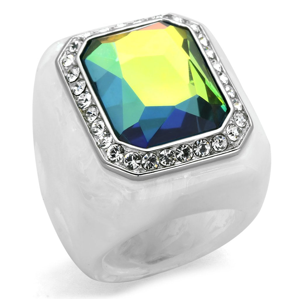 VL111 - High polished (no plating) Stainless Steel Ring with Synthetic Synthetic Stone in Aquamarine AB Alamode