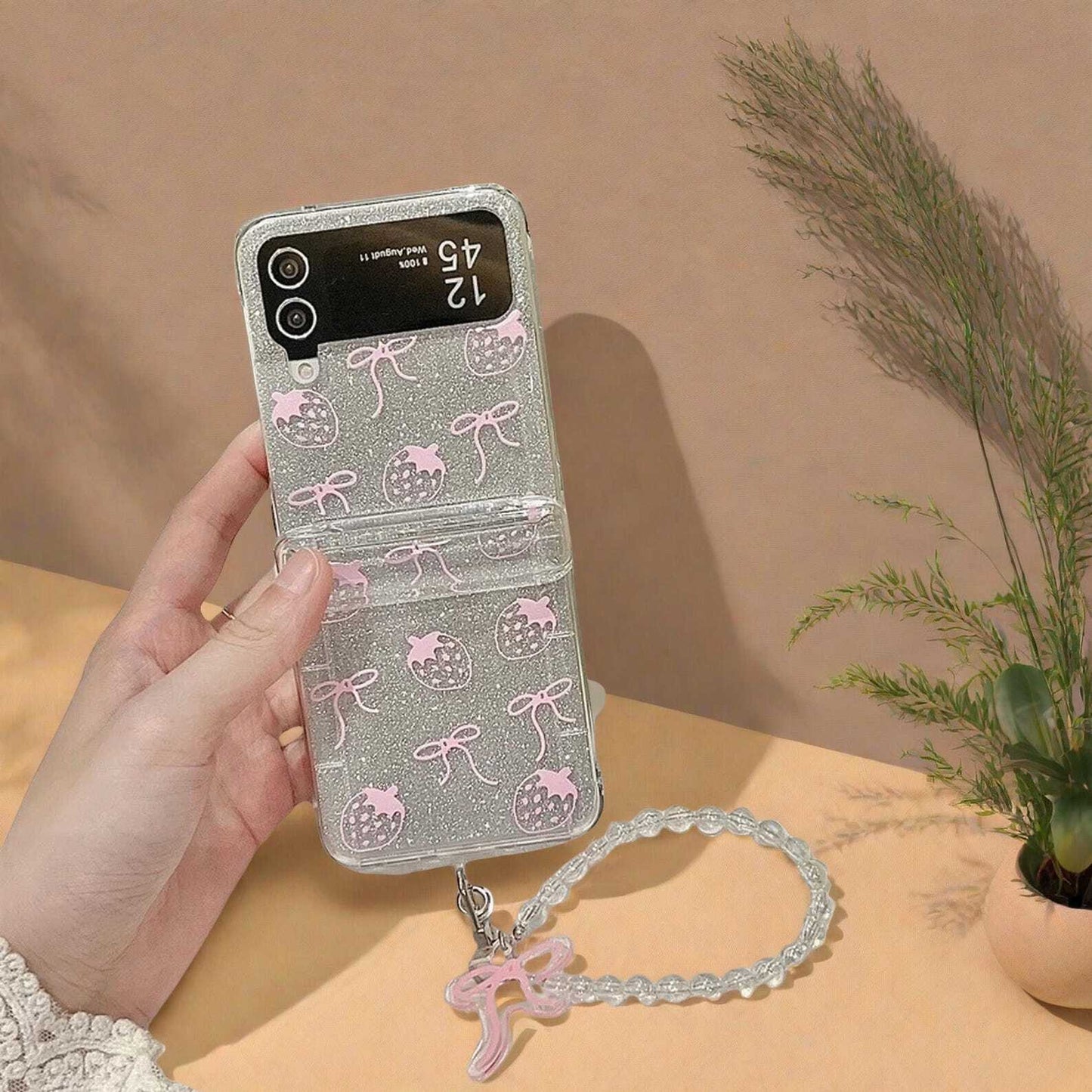 Cute Bow Strawberry Glitter Phone Case with Card Holder and Bracelet for Samsung Galaxy Z Flip 3 4 5 6 - Stylish Protective Cover W2B