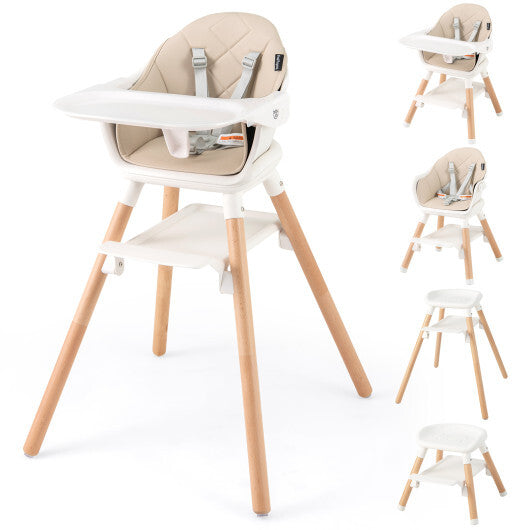 Babyjoy 6 in 1 Convertible Highchair with Safety Harness and Removable Tray-Beige W2B