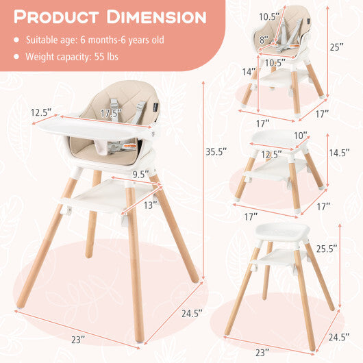 Babyjoy 6 in 1 Convertible Highchair with Safety Harness and Removable Tray-Beige W2B