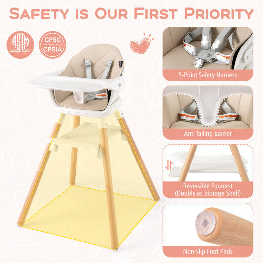 Babyjoy 6 in 1 Convertible Highchair with Safety Harness and Removable Tray-Beige W2B