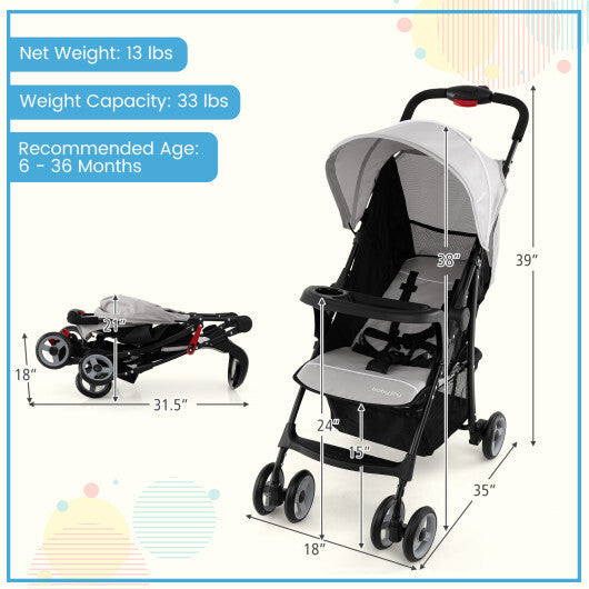 Costway Toddler Travel Stroller for Airplane with Canopy and Adjustable Backrest-Gray W2B