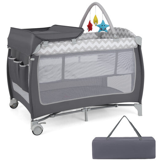 Babyjoy 3-in-1 Portable Baby Playard with Zippered Door and Toy Bar-Gray W2B