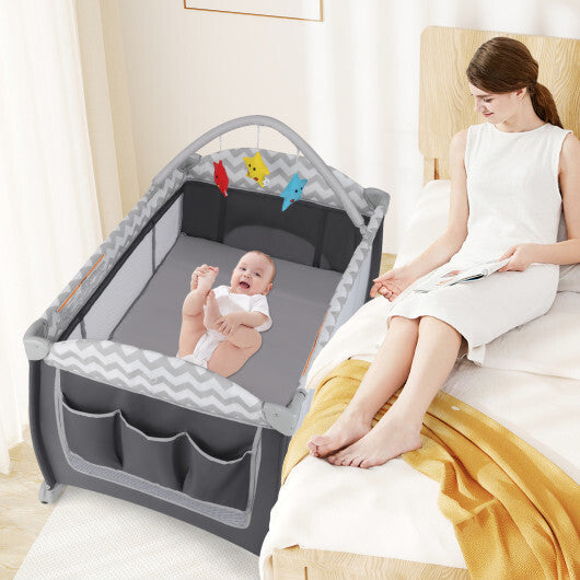 Babyjoy 3-in-1 Portable Baby Playard with Zippered Door and Toy Bar-Gray W2B