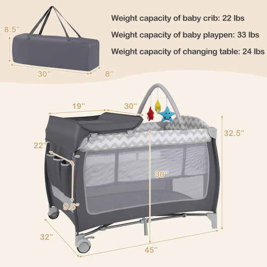 Babyjoy 3-in-1 Portable Baby Playard with Zippered Door and Toy Bar-Gray W2B