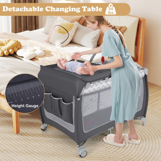 Babyjoy 3-in-1 Portable Baby Playard with Zippered Door and Toy Bar-Gray W2B