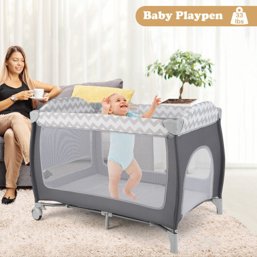 Babyjoy 3-in-1 Portable Baby Playard with Zippered Door and Toy Bar-Gray W2B
