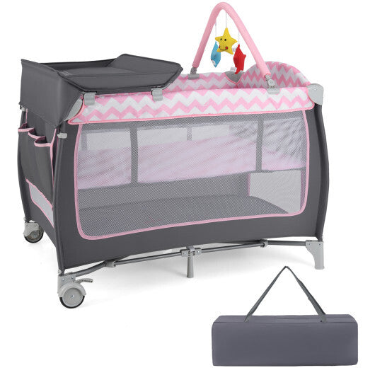 Babyjoy 3-in-1 Portable Baby Playard with Zippered Door and Toy Bar-Pink W2B