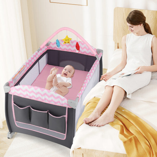 Babyjoy 3-in-1 Portable Baby Playard with Zippered Door and Toy Bar-Pink W2B
