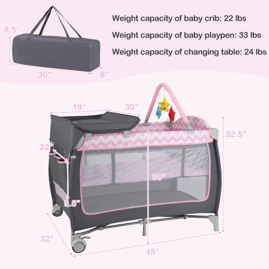 Babyjoy 3-in-1 Portable Baby Playard with Zippered Door and Toy Bar-Pink W2B