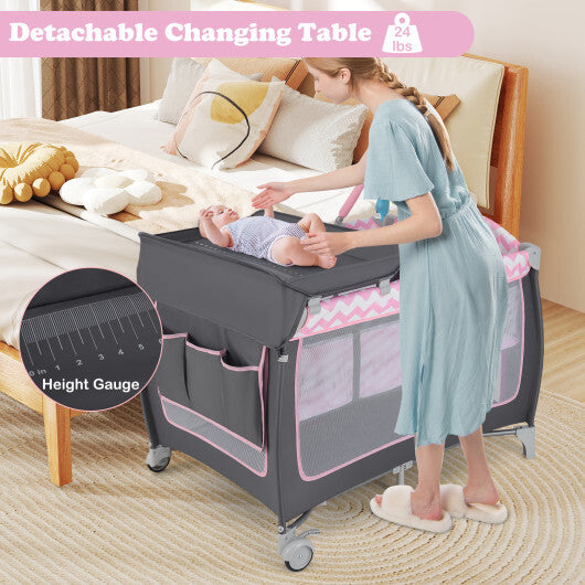 Babyjoy 3-in-1 Portable Baby Playard with Zippered Door and Toy Bar-Pink W2B