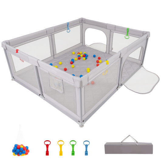 Costway Large Baby Playpen with Pull Rings and Ocean Balls-Gray W2B