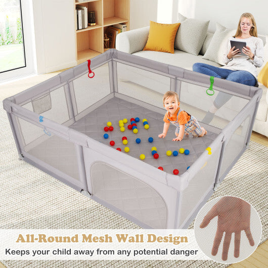 Costway Large Baby Playpen with Pull Rings and Ocean Balls-Gray W2B