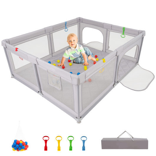Costway Large Baby Playpen with Pull Rings and Ocean Balls-Gray W2B