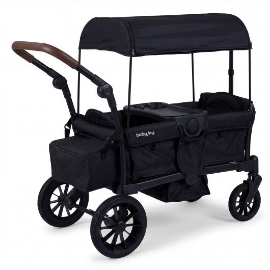 Costway Foldable Wagon Stroller for 2 Kids Double Seater Toddler Stroller with Removable Canopy-Black W2B
