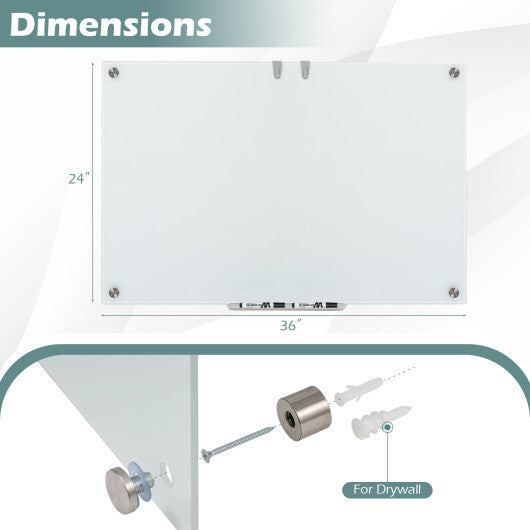 Costway 36 x 24 Inches Glass Whiteboard with Eraser and Removable Tray W2B