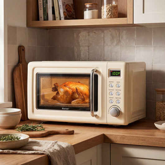 Costway 700W Retro Countertop Microwave Oven with 5 Micro Power and Auto Cooking Function-Cream White W2B