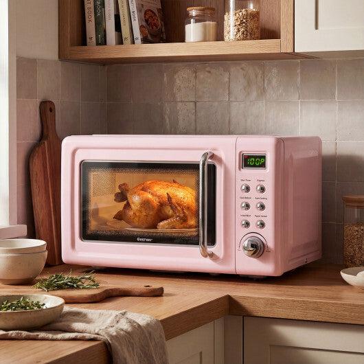 Costway 700W Retro Countertop Microwave Oven with 5 Micro Power and Auto Cooking Function-Pink W2B