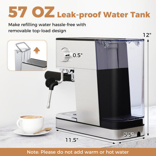 Costway Espresso Machine 20 Bar Compact Stainless Steel Coffee Maker with Milk Frother-Silver W2B