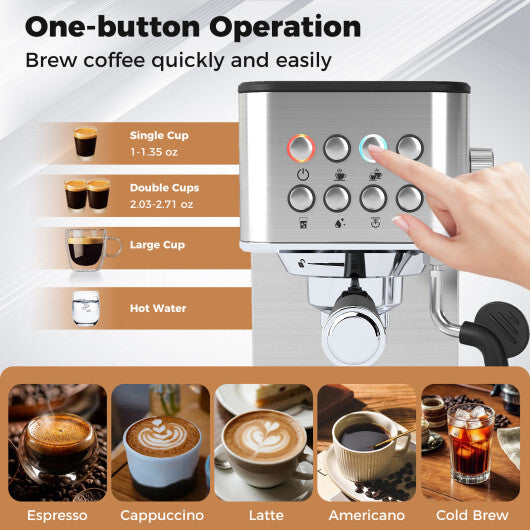 Costway Espresso Machine 20 Bar Compact Stainless Steel Coffee Maker with Milk Frother-Silver W2B