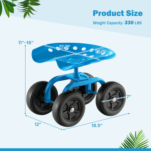 Costway Garden Rolling Workseat with 360 Swivel Seat and Adjustable Height-Blue W2B