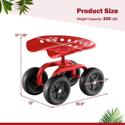 Costway Garden Rolling Workseat with 360 Swivel Seat and Adjustable Height-Red W2B