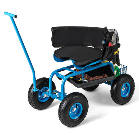 Costway Rolling Garden Cart with Height Adjustable Swivel Seat and Storage Basket-Blue W2B