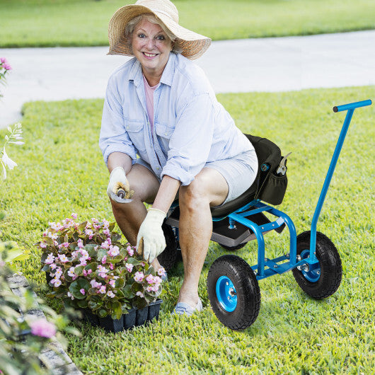 Costway Rolling Garden Cart with Height Adjustable Swivel Seat and Storage Basket-Blue W2B