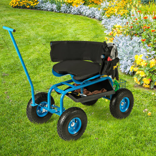 Costway Rolling Garden Cart with Height Adjustable Swivel Seat and Storage Basket-Blue W2B