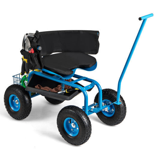 Costway Rolling Garden Cart with Height Adjustable Swivel Seat and Storage Basket-Blue W2B