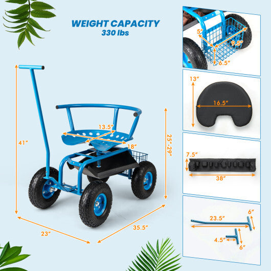 Costway Rolling Garden Cart with Height Adjustable Swivel Seat and Storage Basket-Blue W2B