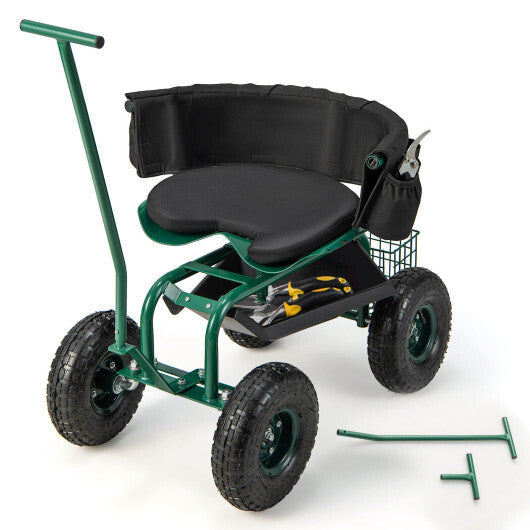 Costway Rolling Garden Cart with Height Adjustable Swivel Seat and Storage Basket-Green W2B
