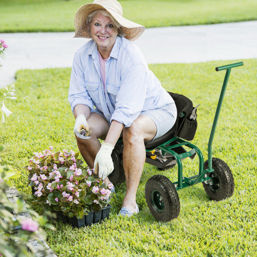 Costway Rolling Garden Cart with Height Adjustable Swivel Seat and Storage Basket-Green W2B