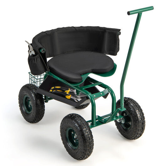 Costway Rolling Garden Cart with Height Adjustable Swivel Seat and Storage Basket-Green W2B