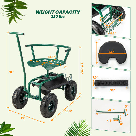 Costway Rolling Garden Cart with Height Adjustable Swivel Seat and Storage Basket-Green W2B