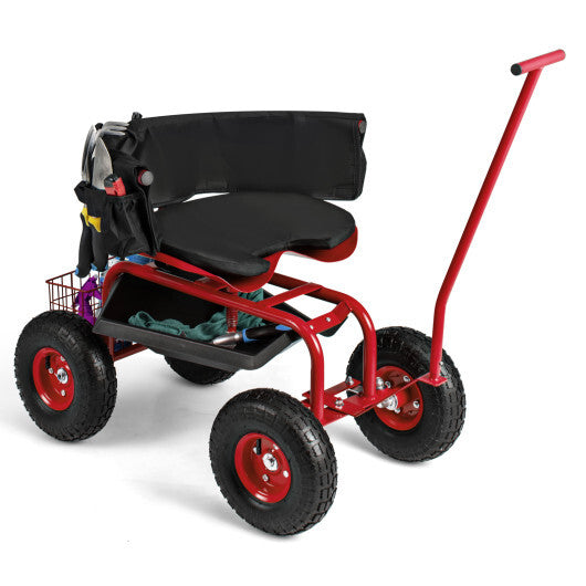 Costway Rolling Garden Cart with Height Adjustable Swivel Seat and Storage Basket-Red W2B